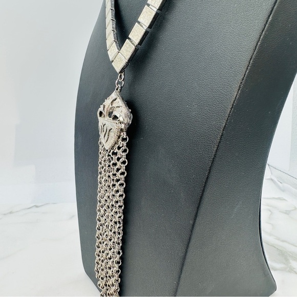 Vintage Necklace with Chain Tassel Y Texture Link Estate Jewelry Statement 1960s - Picture 6 of 14